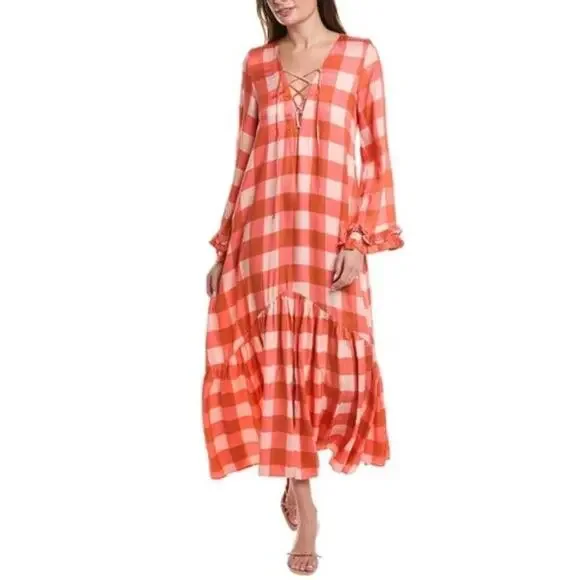 Sundress Isla Gingham Tiered Modal Maxi Dress Cream Coral Size XS/S - Picture 5 of 15